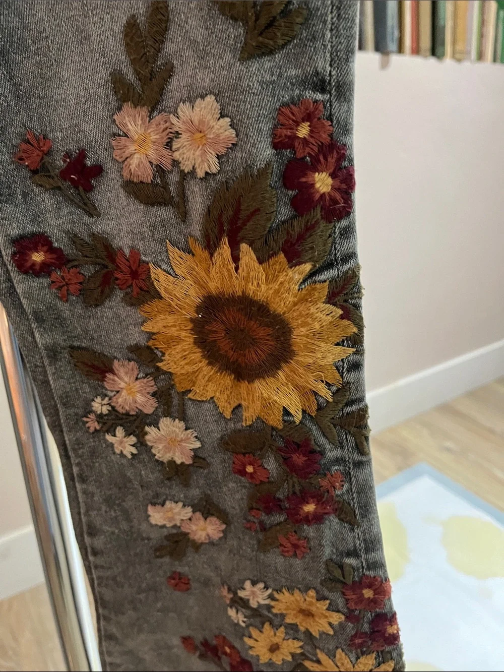 Women's Grey Flare Jeans with Sunflower Embroidery - Picture 2 of 8